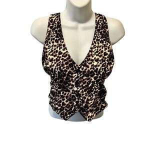 Y2K Cropped Button Front Halter Vest Top Sz M Leopard Animal Print Lined  Gypsy